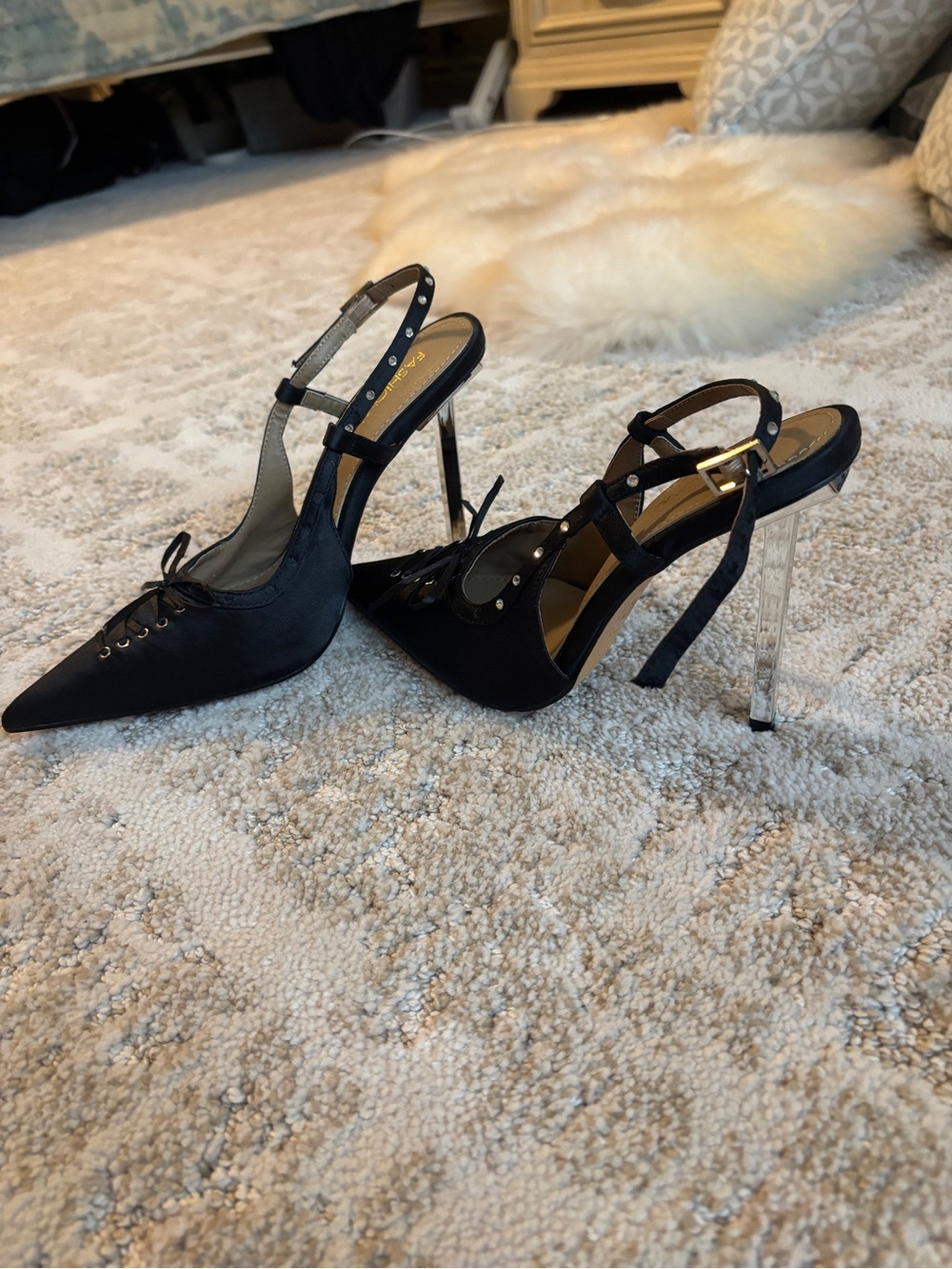 FASHION NOVA Black Pointed Slingback Lace-Up Heels 7
